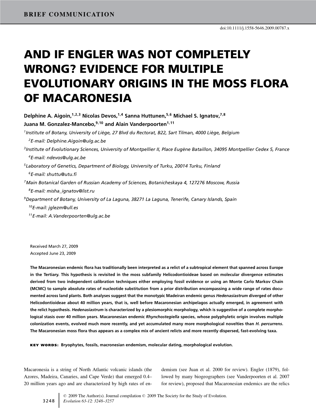 Evidence for Multiple Evolutionary Origins in the Moss Flora of Macaronesia