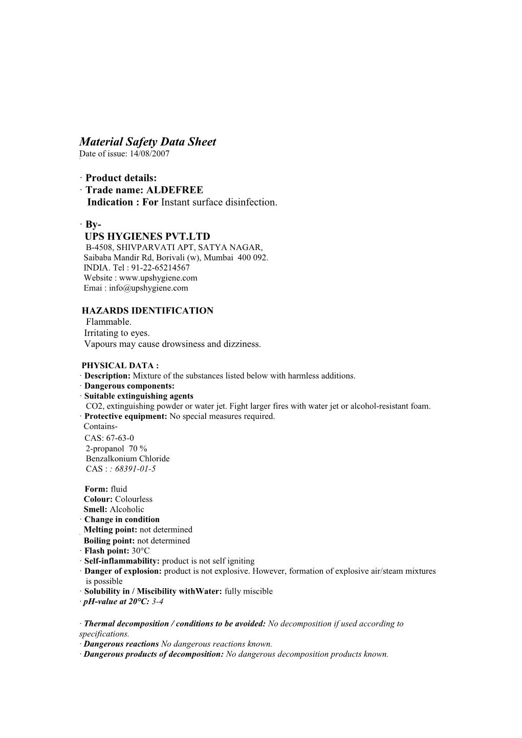 Material Safety Data Sheet s96