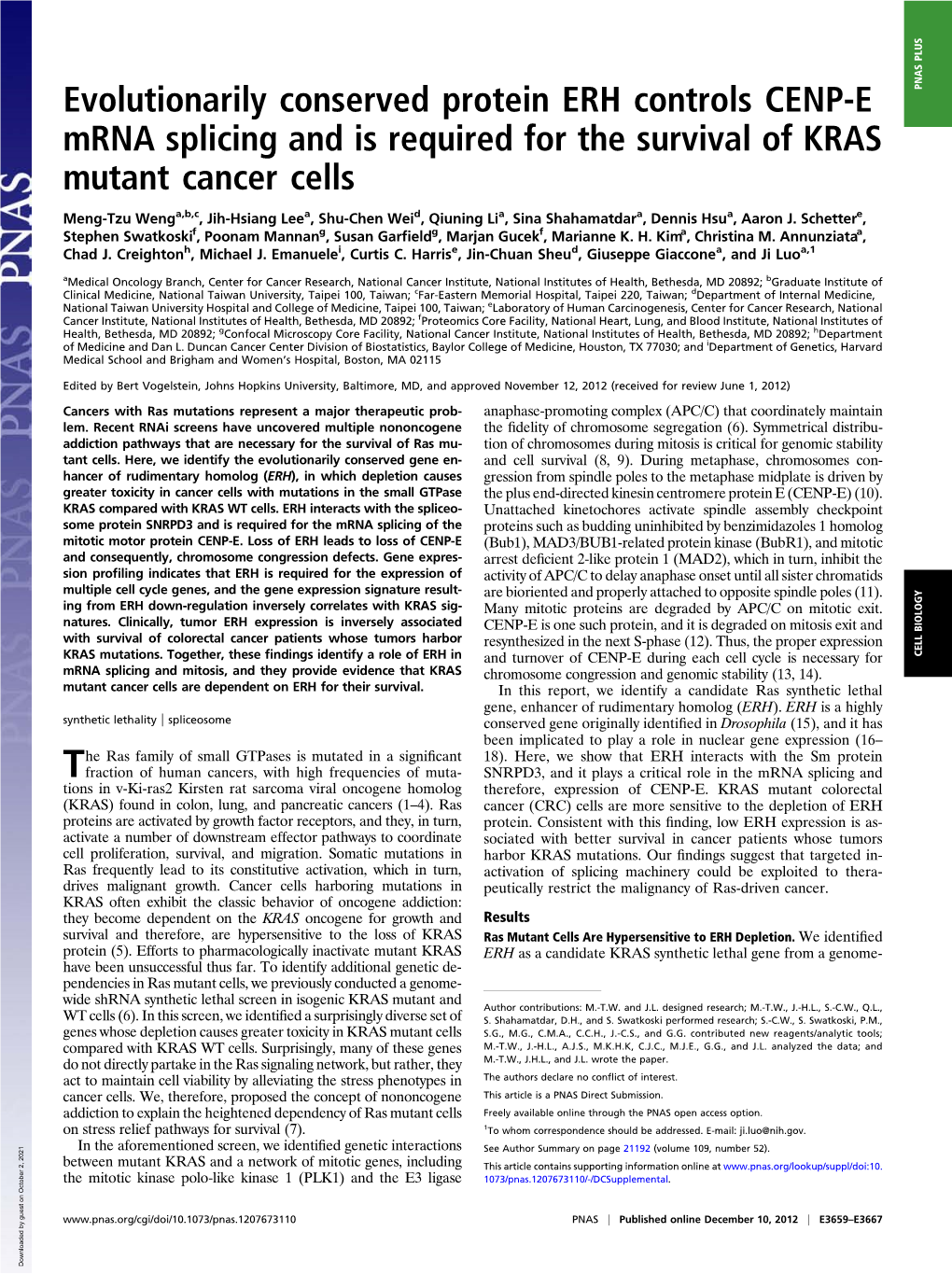 Evolutionarily Conserved Protein ERH Controls CENP-E Mrna Splicing