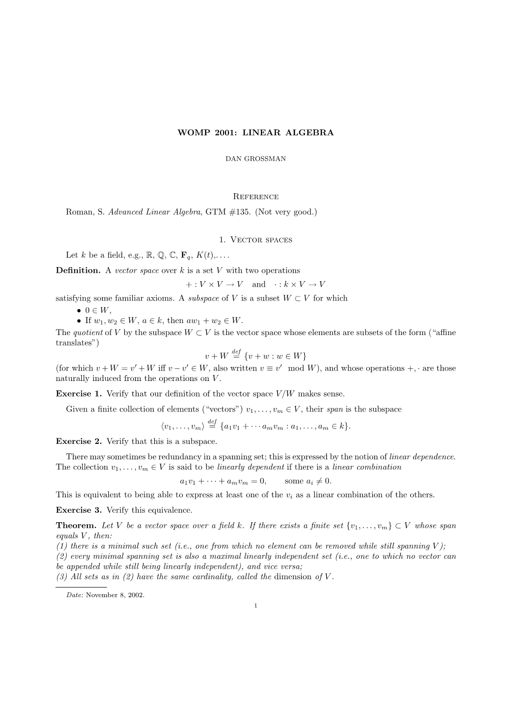 WOMP 2001: LINEAR ALGEBRA Reference Roman, S. Advanced