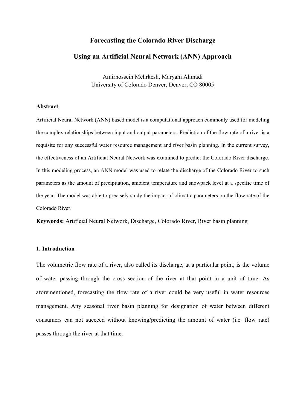 Forecasting the Colorado River Discharge Using an Artificial Neural Network