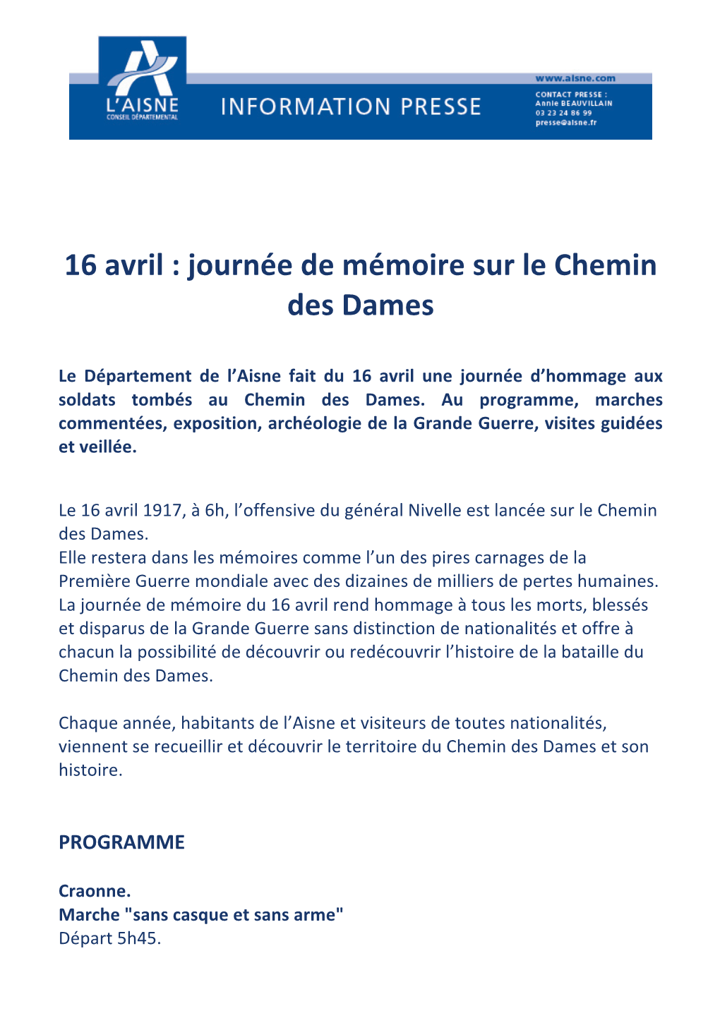 16 Avril : Journée De Mémoire Sur Le Chemin Des Dames