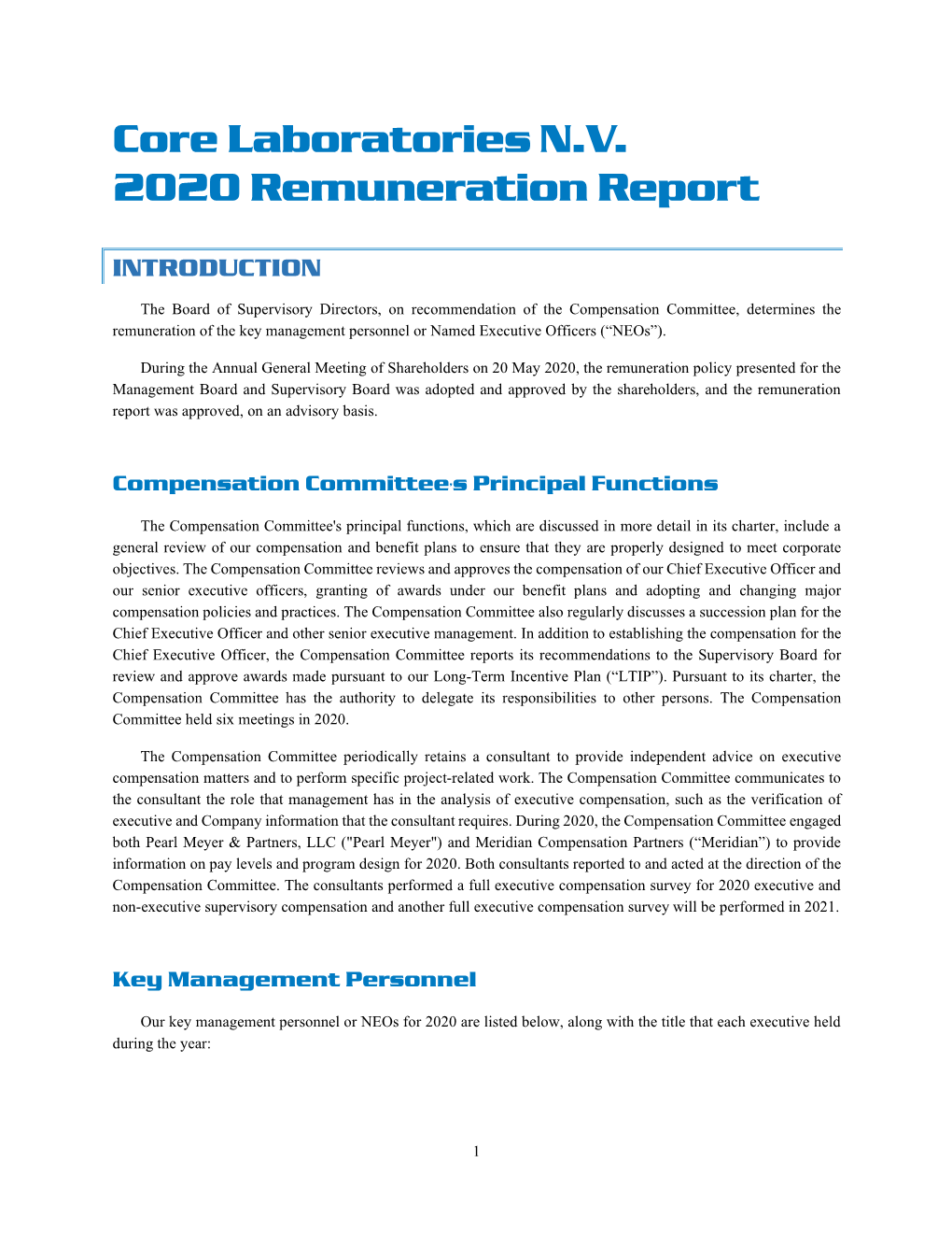 Core Laboratories N.V. 2020 Remuneration Report