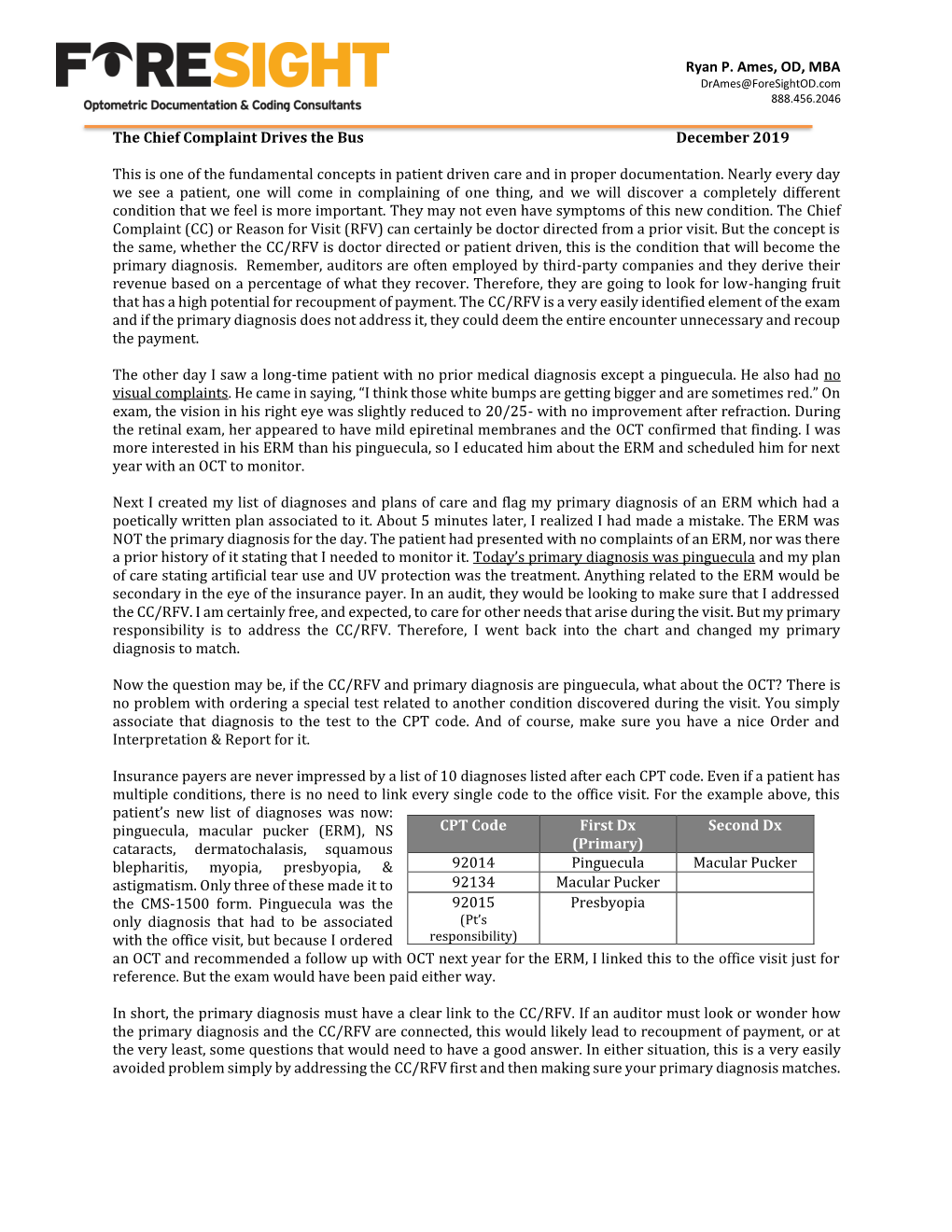 Ryan P. Ames, OD, MBA the Chief Complaint Drives the Bus December 2019 This Is One of the Fundamental Concepts in Patient Driv