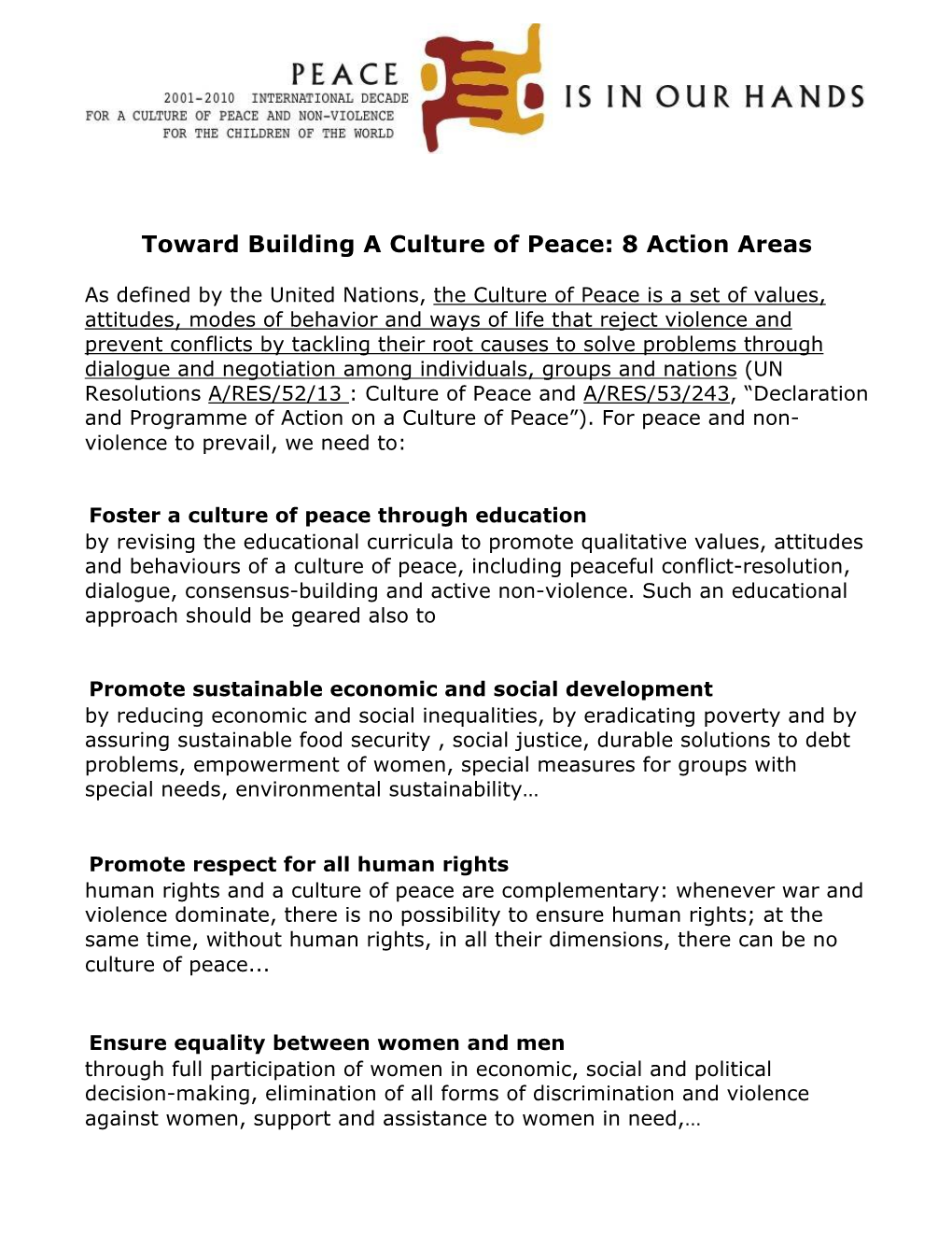 Toward Building a Culture of Peace: 8 Action Areas