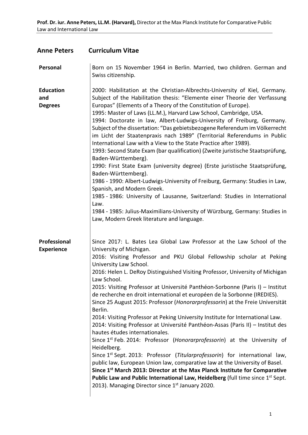 Anne Peters Curriculum Vitae