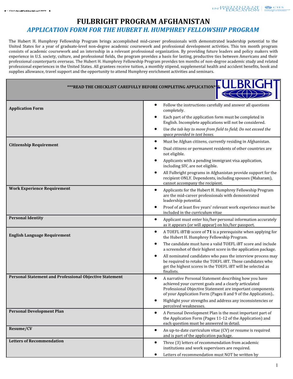 Application Form for the Hubert H. Humphrey Fellowship Program