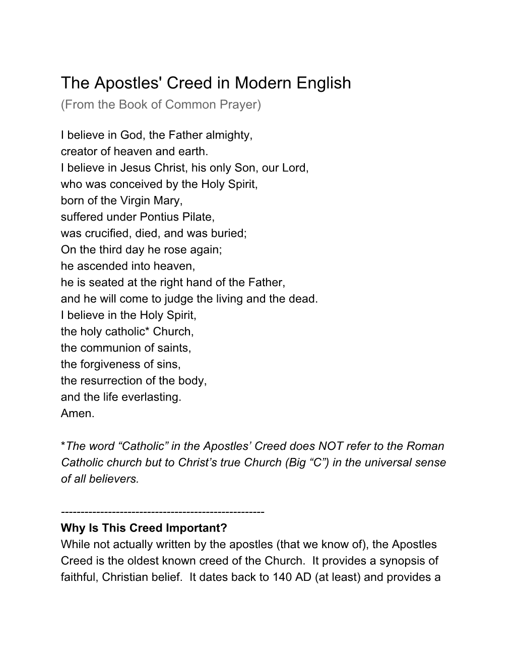 The Apostles' Creed in Modern English (From the Book of Common Prayer)