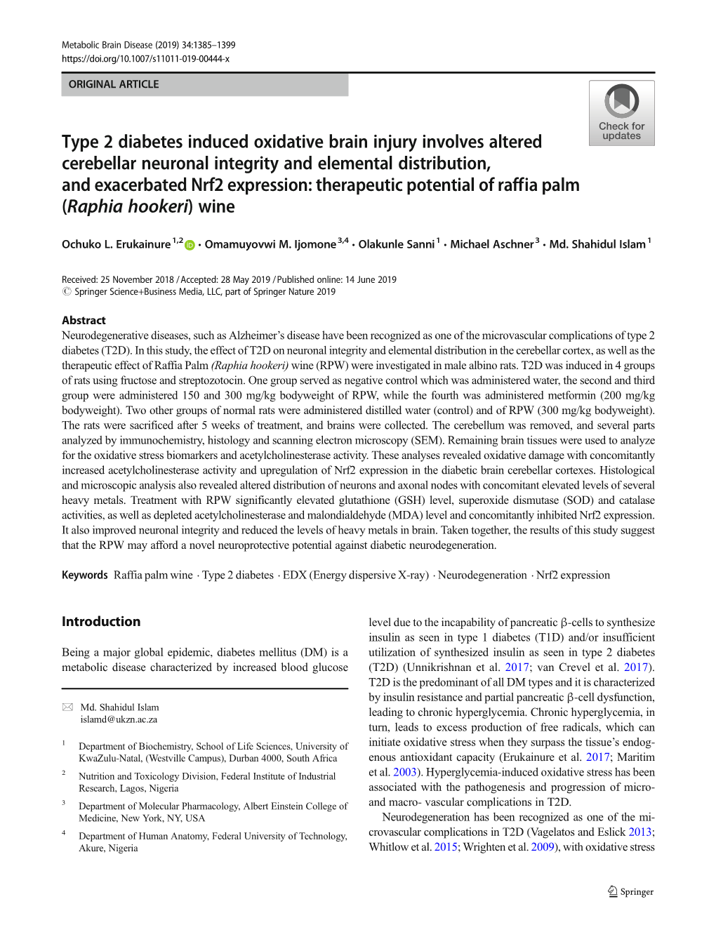 Type 2 Diabetes Induced Oxidative Brain Injury Involves Altered Cerebellar Neuronal Integrity and Elemental Distribution, and Ex