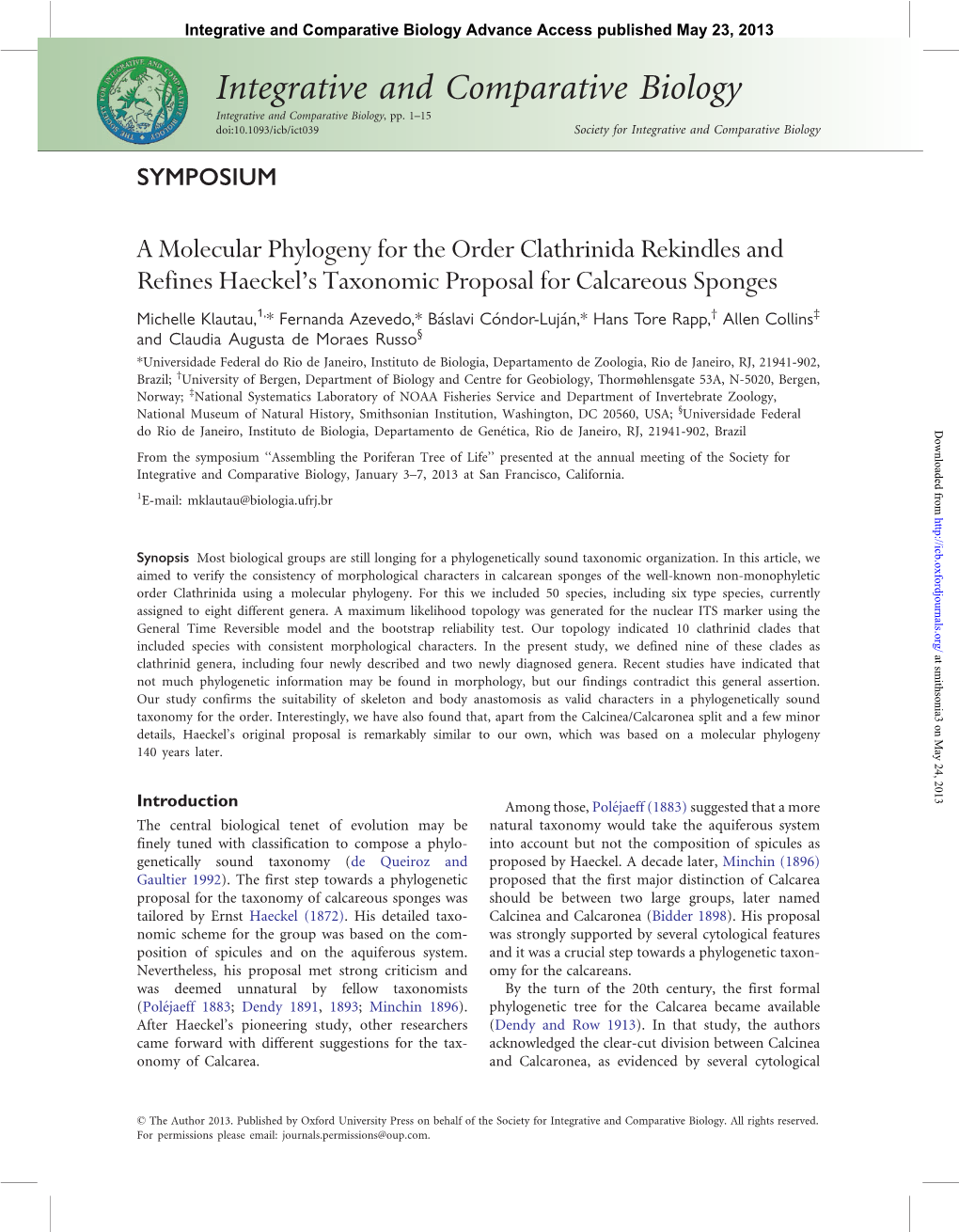 Integrative and Comparative Biology Advance Access Published May 23, 2013 Integrative and Comparative Biology Integrative and Comparative Biology, Pp