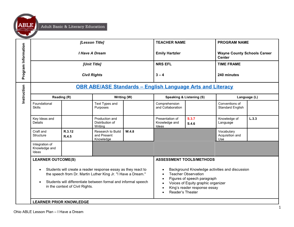 Ohio ABLE Lesson Plan I Have a Dream