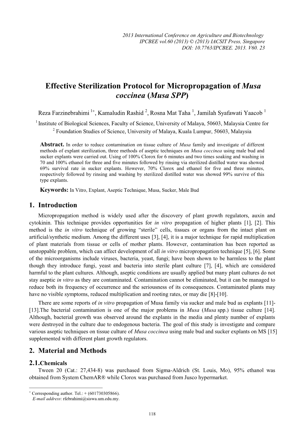 Effective Sterilization Protocol for Micropropagation of Musa Coccinea (Musa SPP)