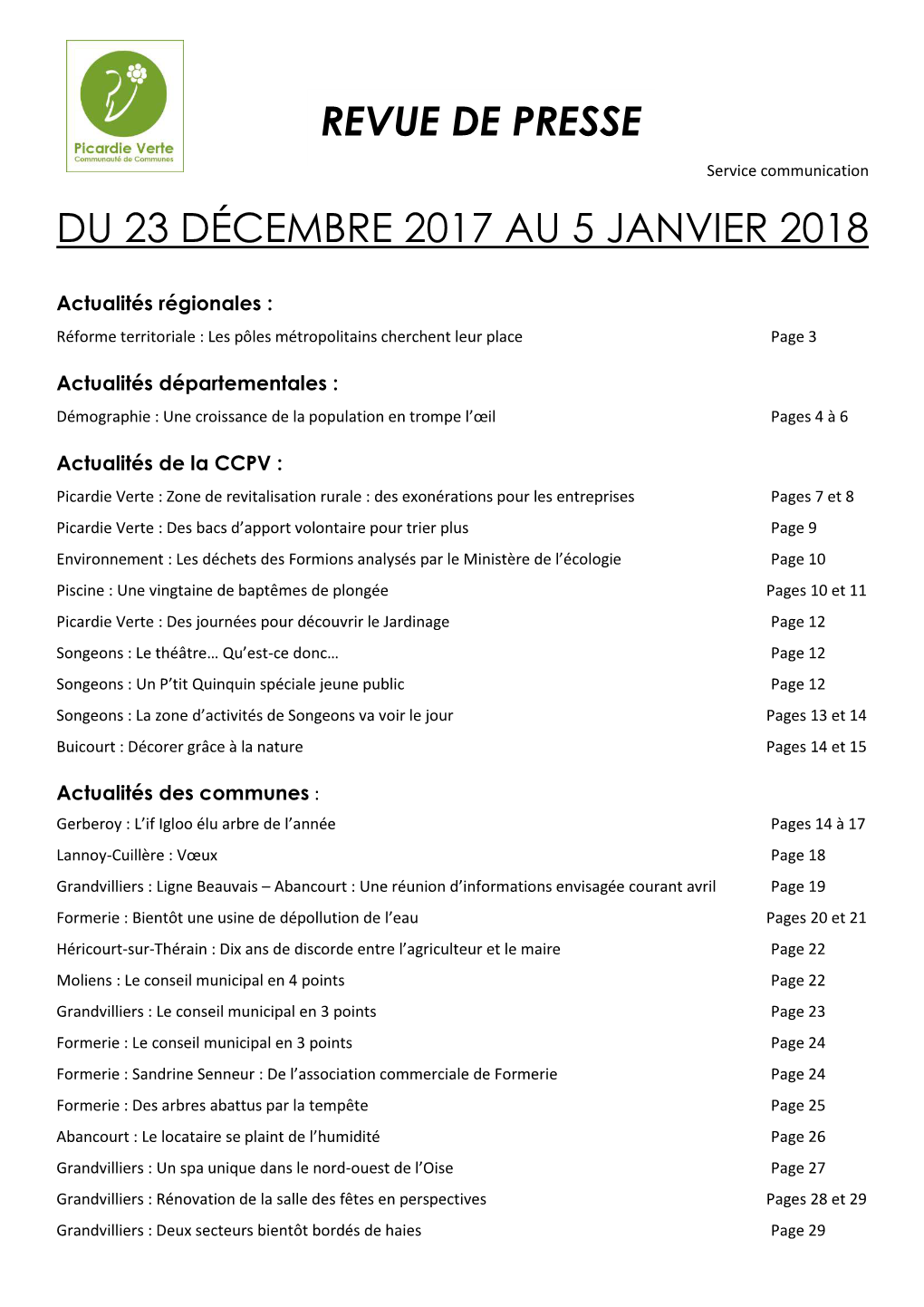 Revue De Presse Du 23 Décembre 2017 Au 5 Janvier 2018