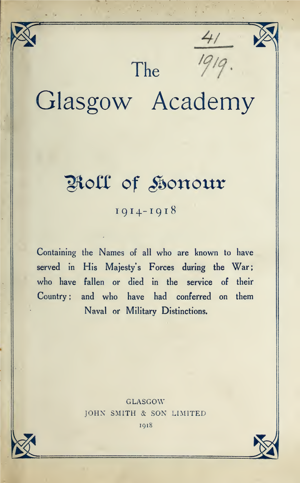 The Glasgow Academy Roll of Honour, 1914-1918