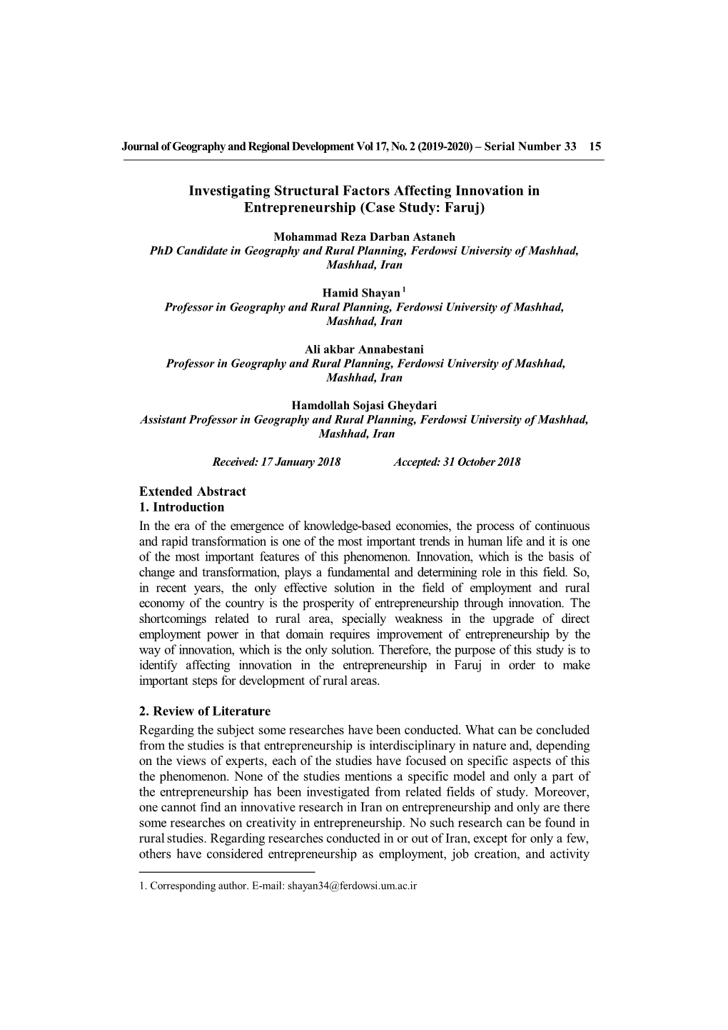 Investigating Structural Factors Affecting Innovation in Entrepreneurship (Case Study: Faruj)