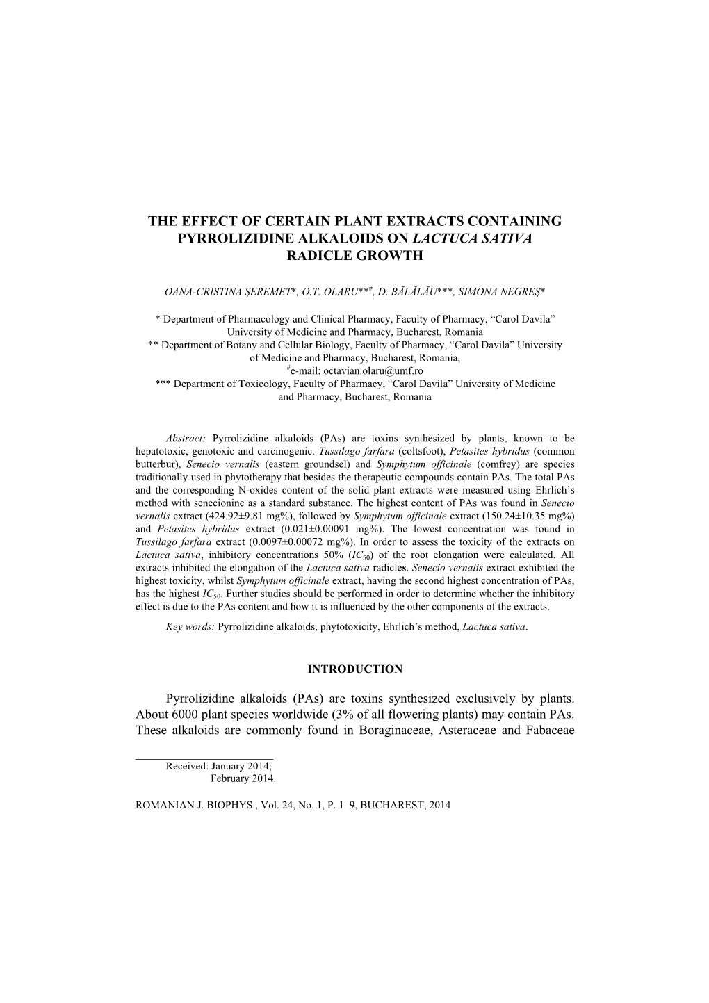 The Effect of Certain Plant Extracts Containing Pyrrolizidine Alkaloids on Lactuca Sativa Radicle Growth