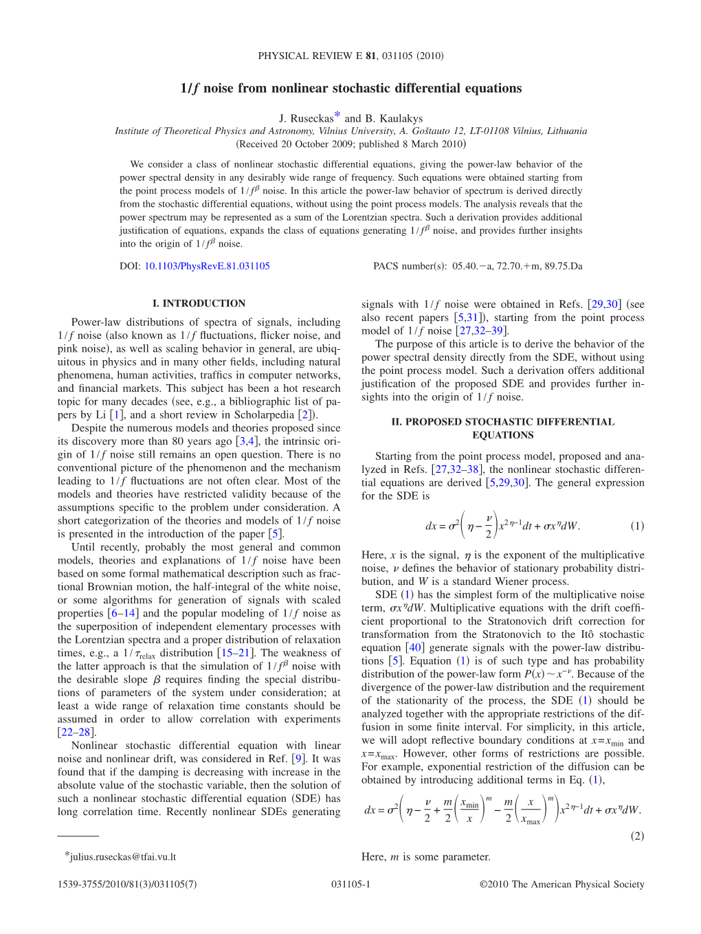 1Õf Noise from Nonlinear Stochastic Differential Equations