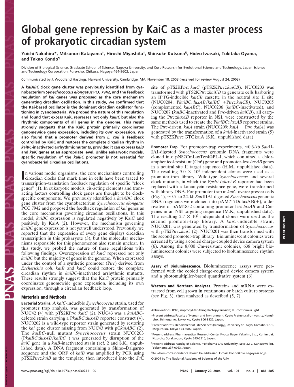 Global Gene Repression by Kaic As a Master Process of Prokaryotic Circadian System