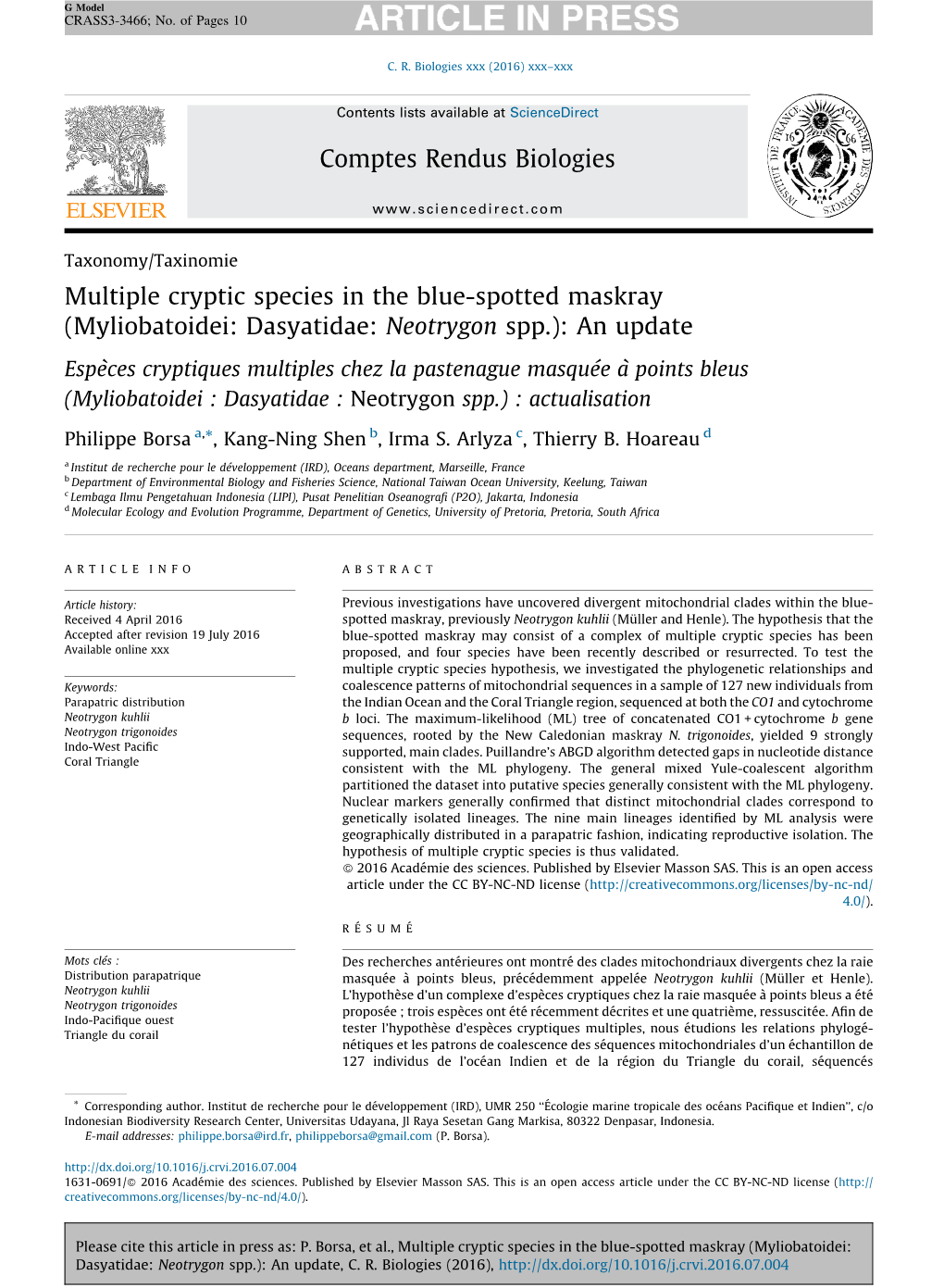 Multiple Cryptic Species in the Blue-Spotted Maskray