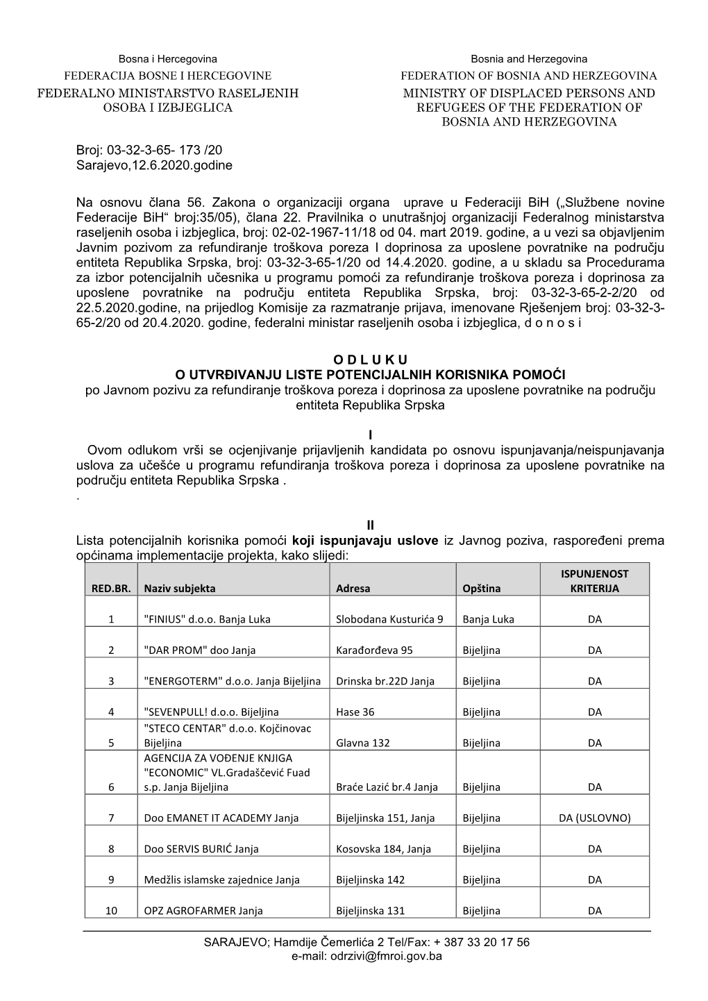 173 /20 Sarajevo,12.6.2020.Godine Na Osnovu Člana 56. Zakona O