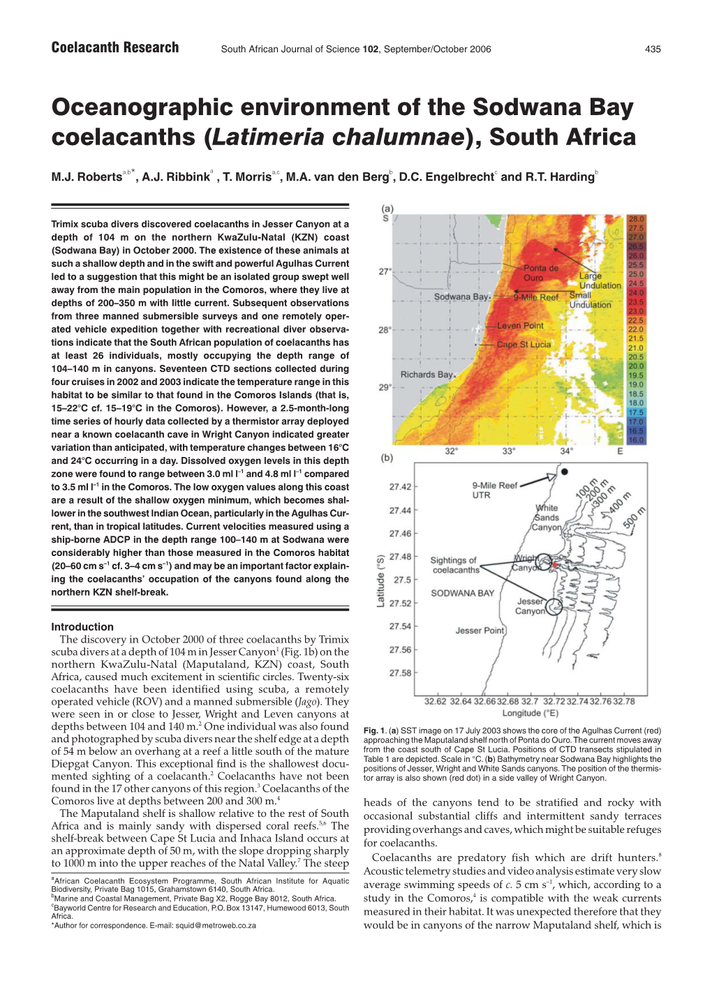 Oceanographic Environment of the Sodwana Bay Coelacanths (Latimeria Chalumnae), South Africa