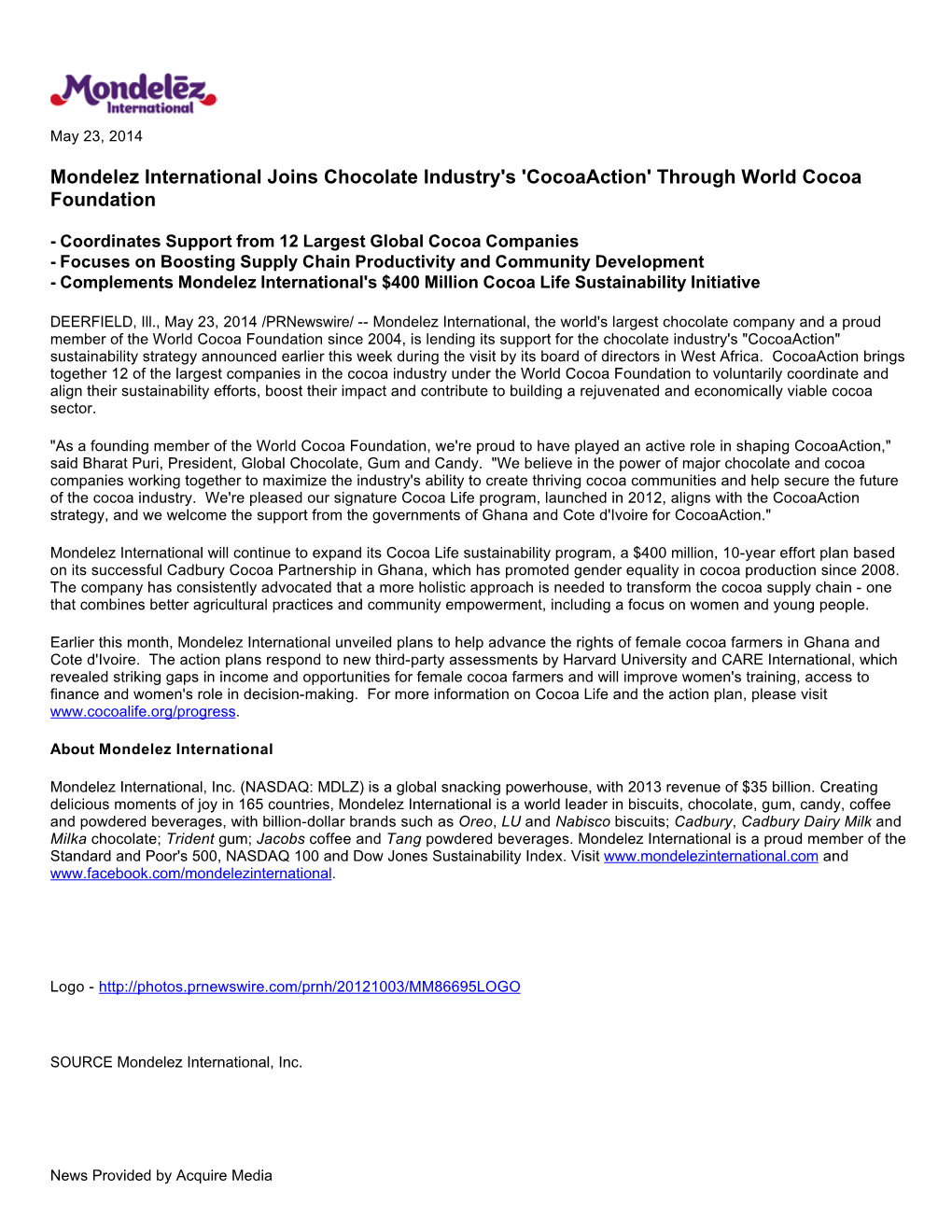 Mondelez International Joins Chocolate Industry's 'Cocoaaction' Through World Cocoa Foundation