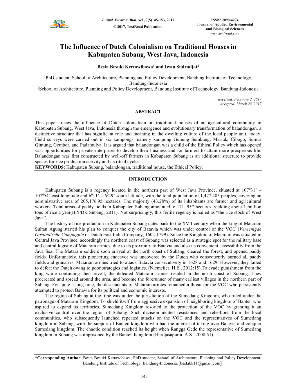 The Influence of Dutch Colonialism on Traditional Houses in Kabupaten Subang, West Java, Indonesia