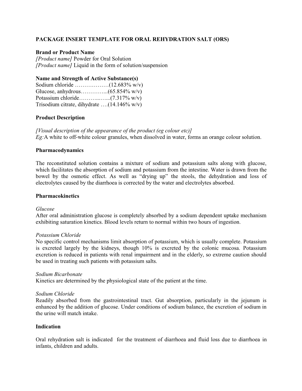 Package Insert Template for Oral Rehydration Salt (Ors)