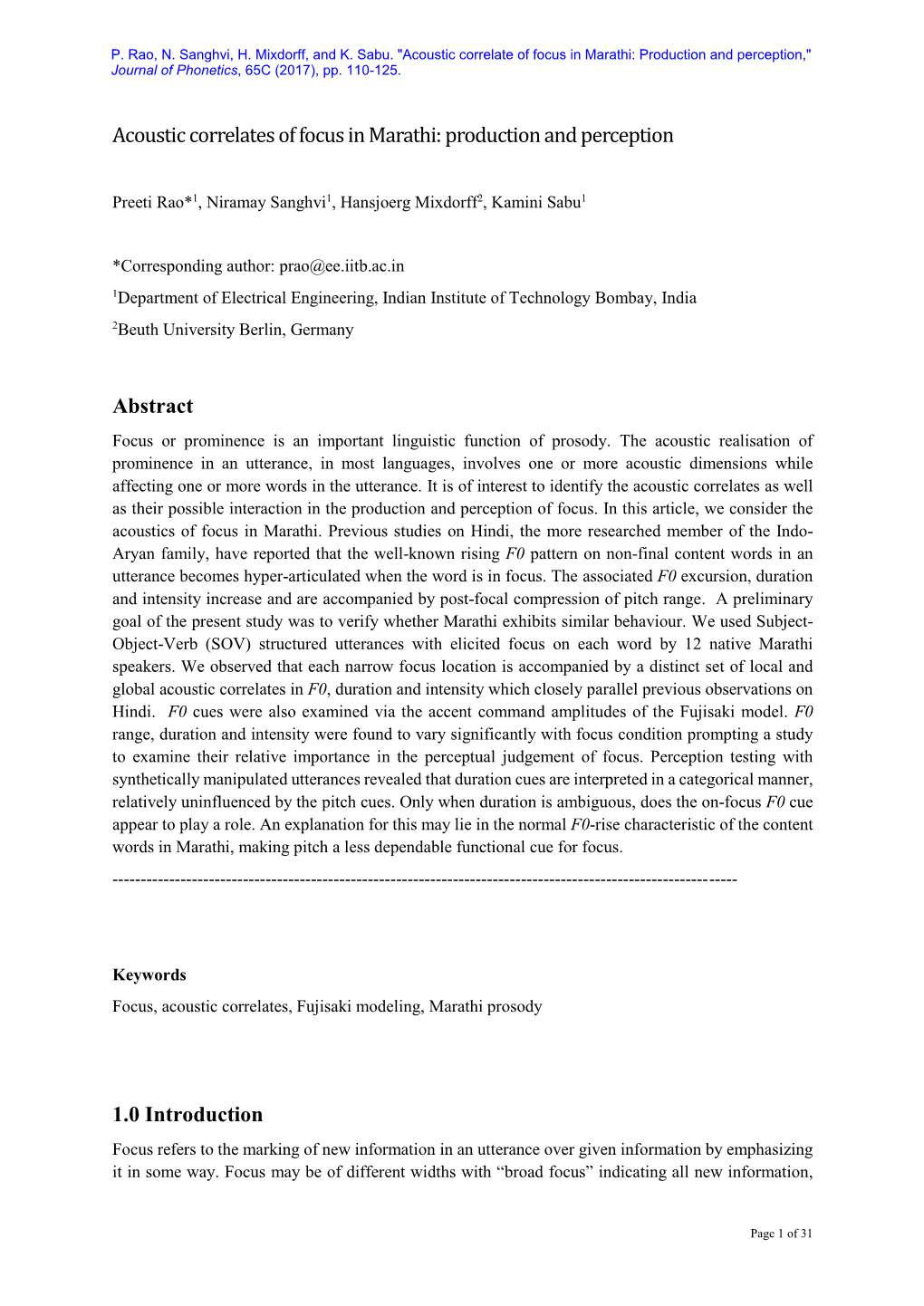 Acoustic Correlate of Focus in Marathi: Production and Perception