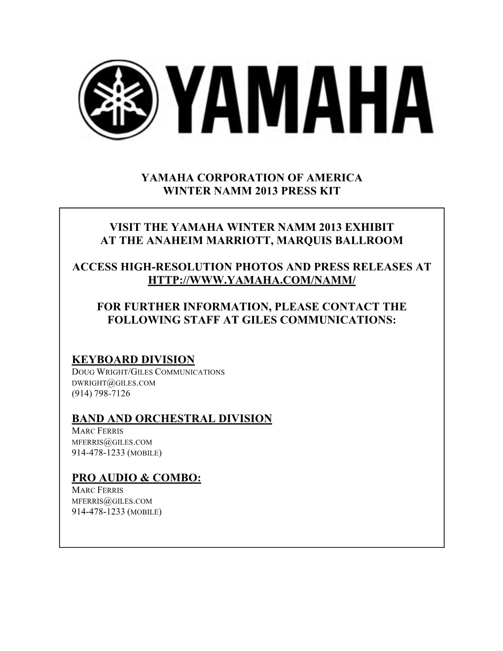 Yamaha Corporation of America Winter Namm 2013 Press Kit
