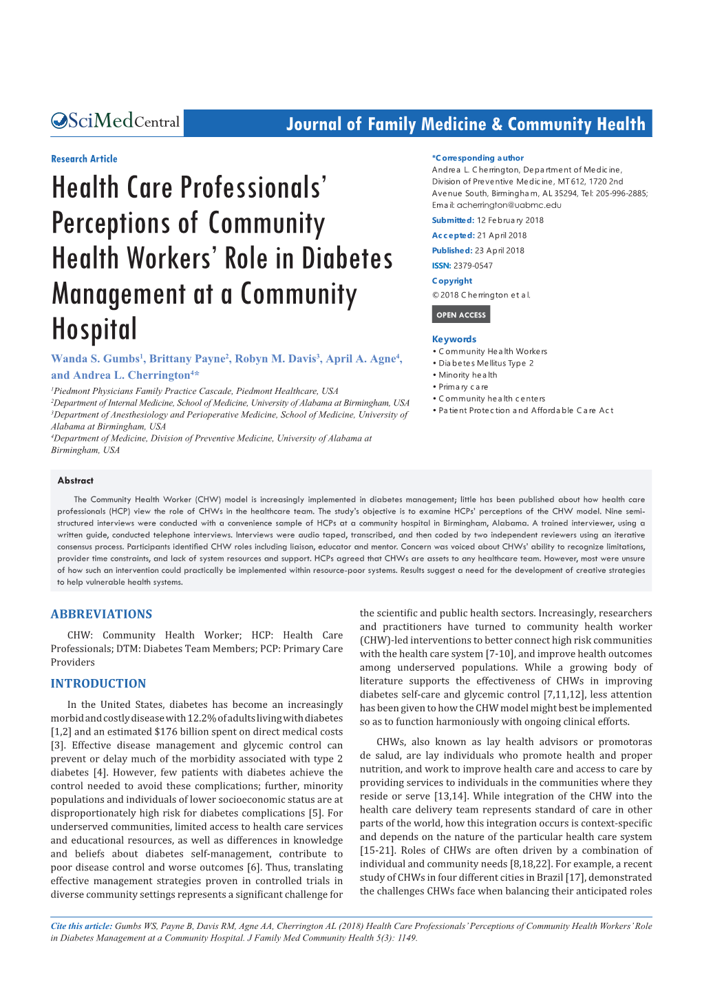 Health Care Professionals' Perceptions of Community Health