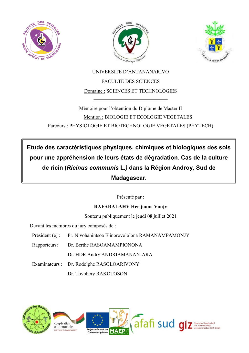 Etude Des Caractéristiques Physiques, Chimiques Et Biologiques Des Sols