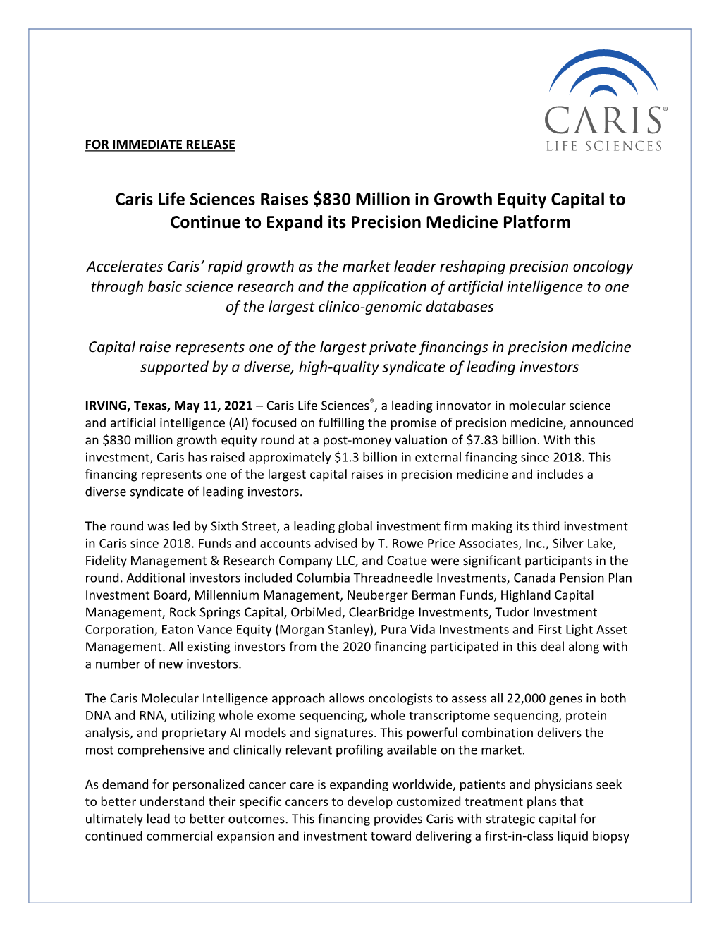 Caris Life Sciences Raises $830 Million in Growth Equity Capital to Continue to Expand Its Precision Medicine Platform