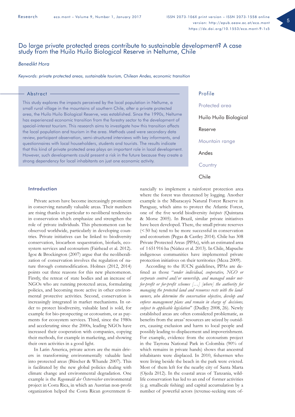 Do Large Private Protected Areas Contribute to Sustainable Development? a Case Study from the Huilo Huilo Biological Reserve in Neltume, Chile