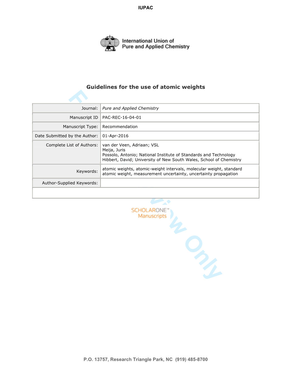 Guidelines for the Use of Atomic Weights 5 10 11 12 DOI: ..., Received ...; Accepted