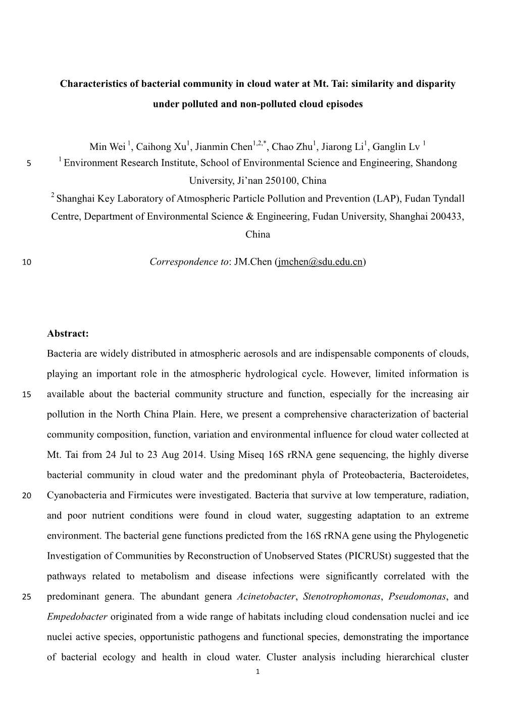 Characteristics of Bacterial Community in Cloud Water at Mt. Tai: Similarity and Disparity Under Polluted and Non-Polluted Cloud Episodes