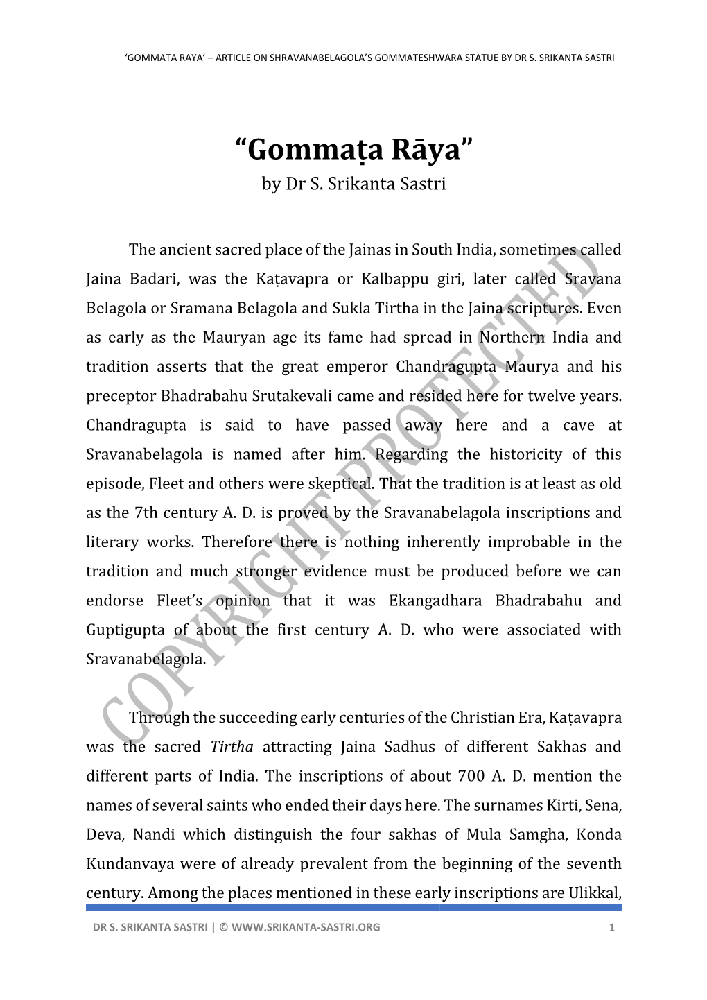 Gommaṭa Rāya’ – Article on Shravanabelagola’S Gommateshwara Statue by Dr S