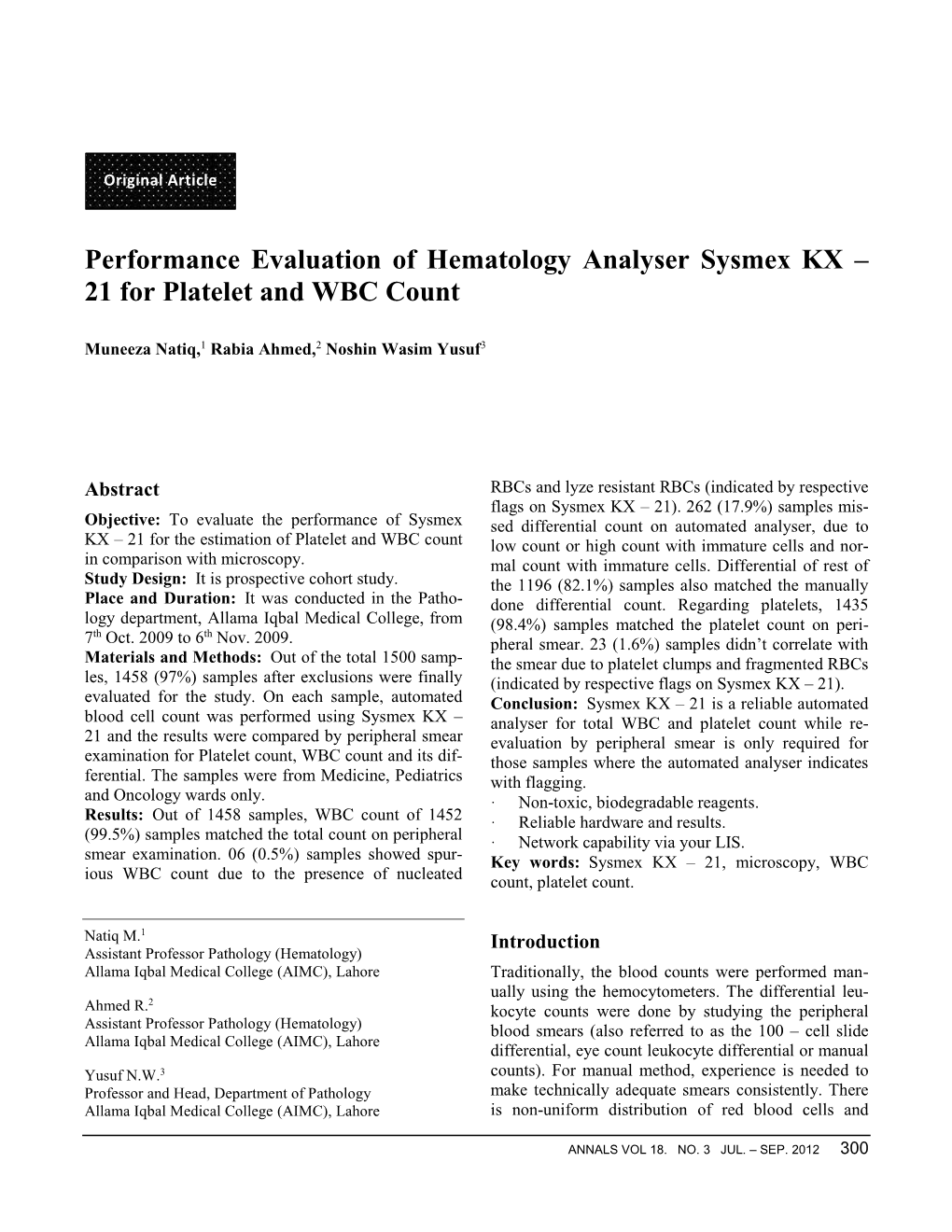 Performance Evaluation of Hematology Analyser Sysmex KX – 21 for Platelet and WBC Count