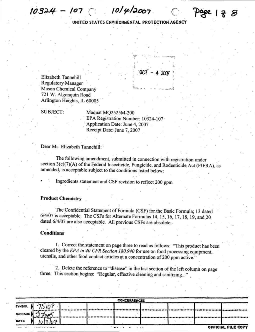 U.S. EPA, Pesticide Product Label, MAQUAT MQ2525M-200, 10/04/2007