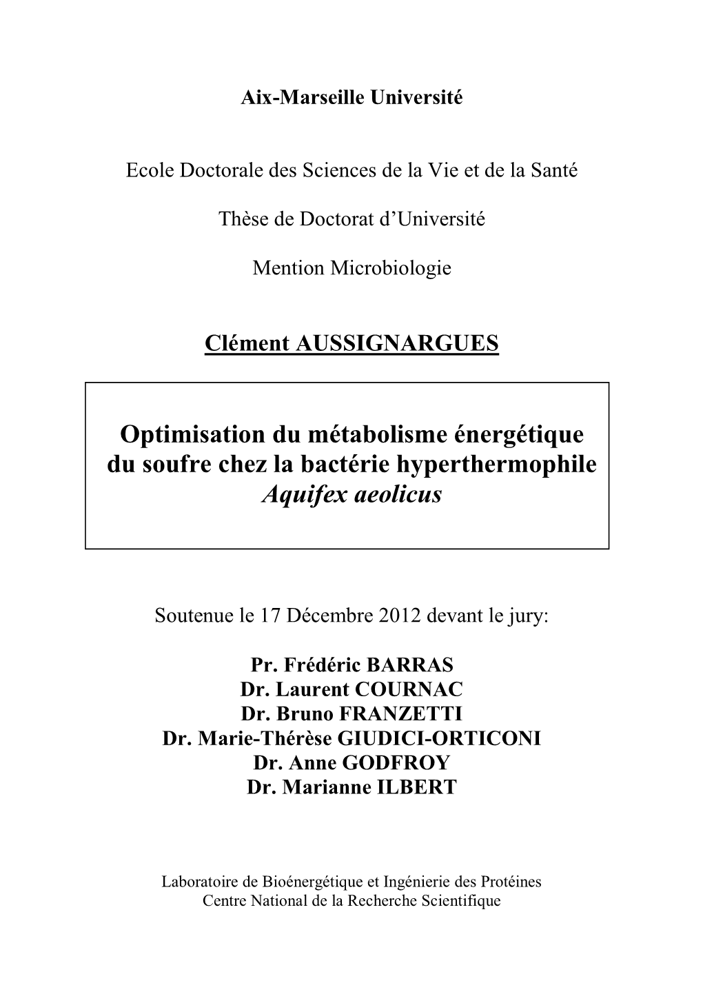 Optimisation Du Métabolisme Énergétique Du Soufre Chez La Bactérie Hyperthermophile Aquifex Aeolicus