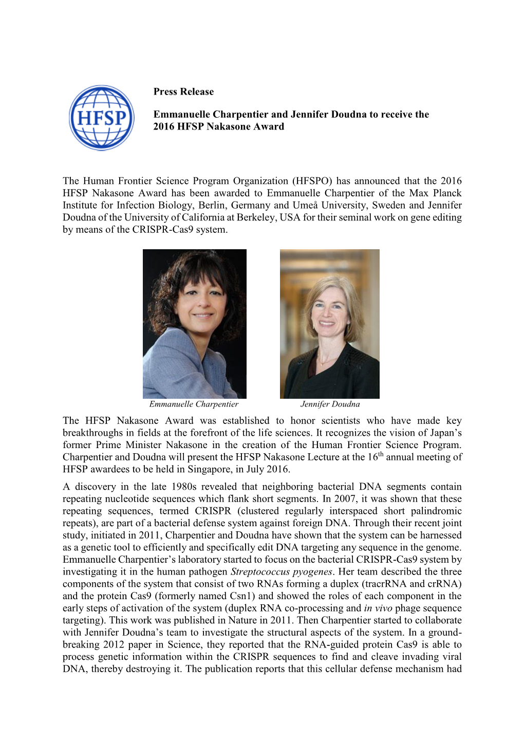 Press Release Emmanuelle Charpentier and Jennifer Doudna