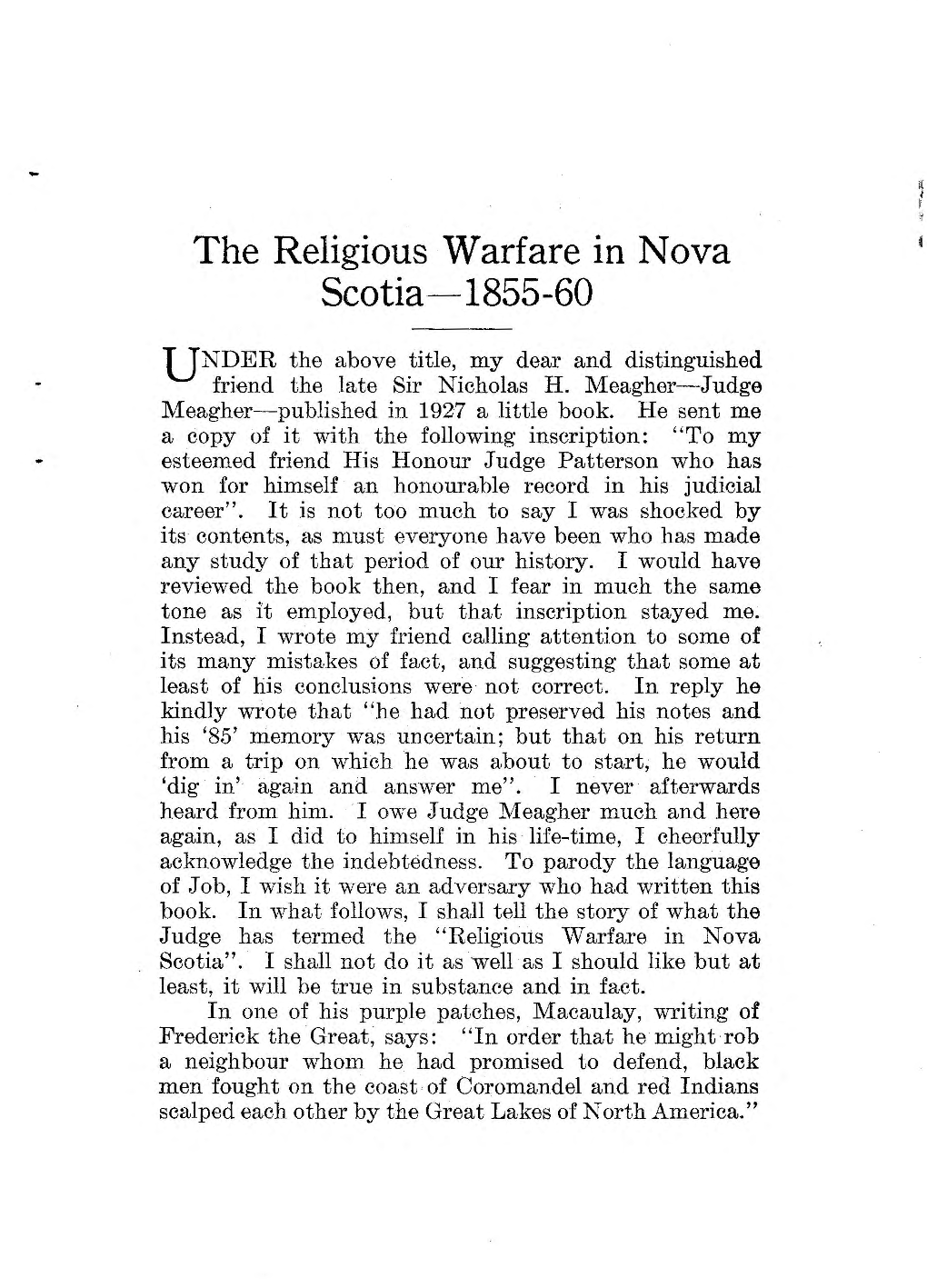 The Religious Warfare in Nova Scotia-1855-60