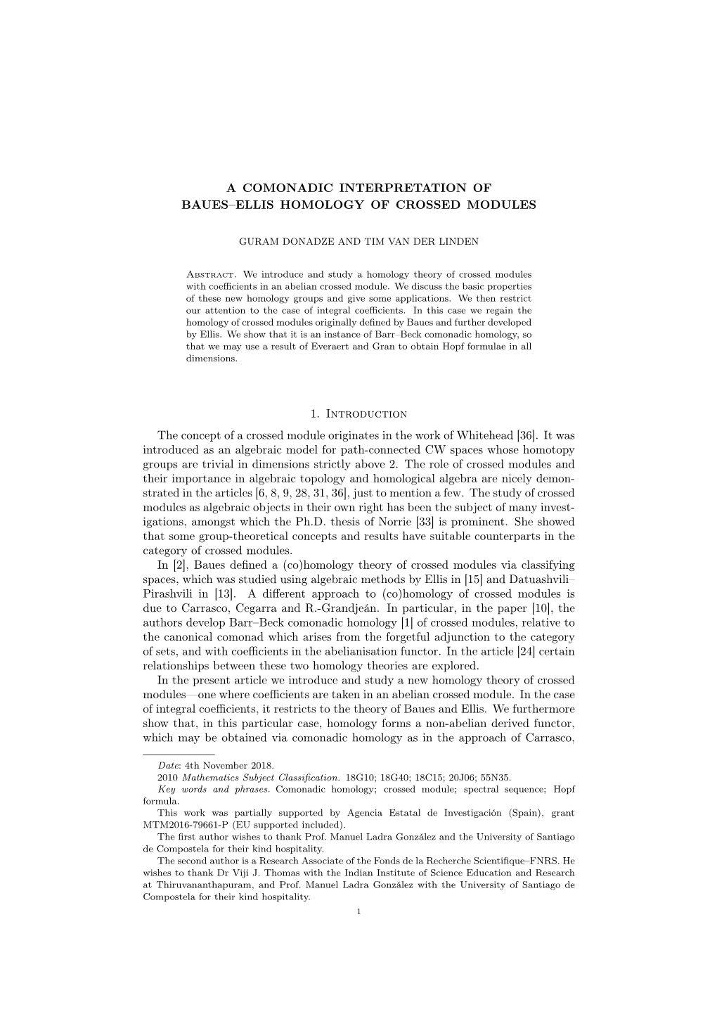 A Comonadic Interpretation of Baues–Ellis Homology of Crossed Modules