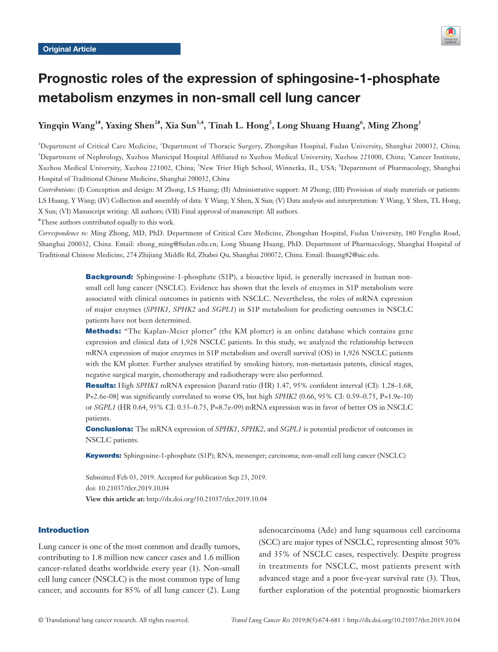 Prognostic Roles of the Expression of Sphingosine-1-Phosphate Metabolism Enzymes in Non-Small Cell Lung Cancer
