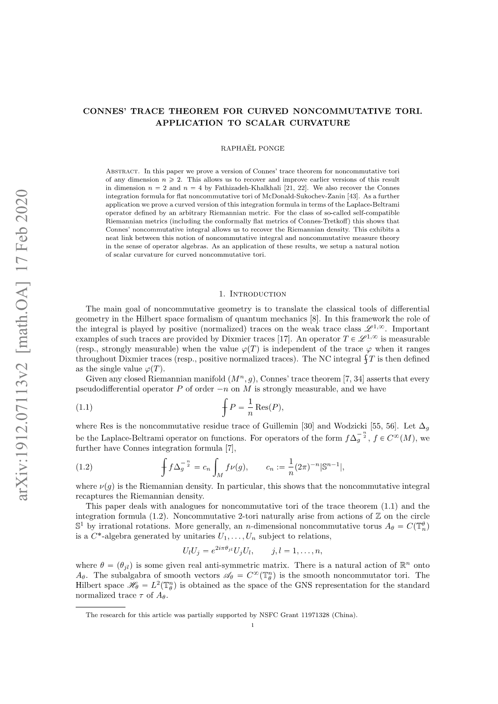 Connes Trace Theorem for Curved Noncommutative Tori. Application to Scalar Curvature