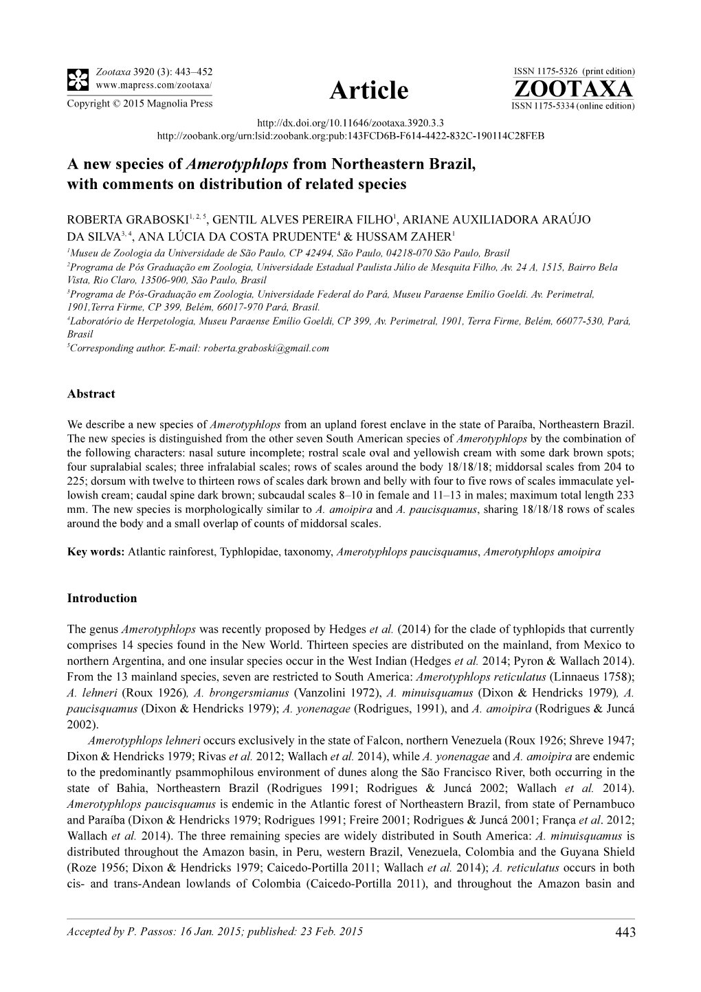 A New Species of Amerotyphlops from Northeastern Brazil, with Comments on Distribution of Related Species