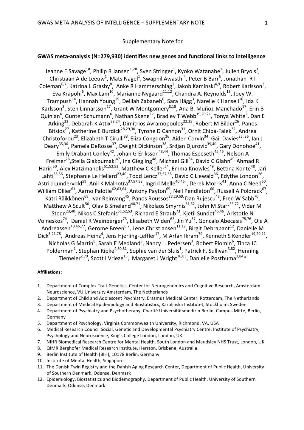 Gwas Meta-Analysis of Intelligence – Supplementary Note 1