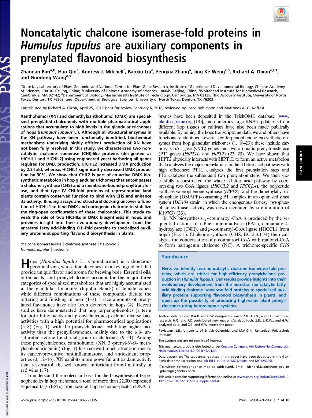 Noncatalytic Chalcone Isomerase-Fold Proteins in Humulus Lupulus Are Auxiliary Components in Prenylated Flavonoid Biosynthesis