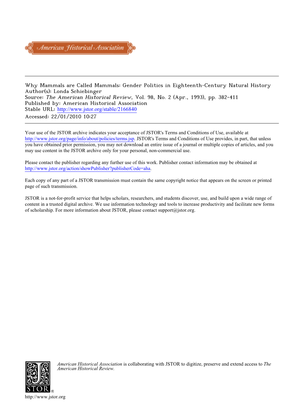 Why Mammals Are Called Mammals: Gender Politics in Eighteenth-Century Natural History Author(S): Londa Schiebinger Source: the American Historical Review, Vol