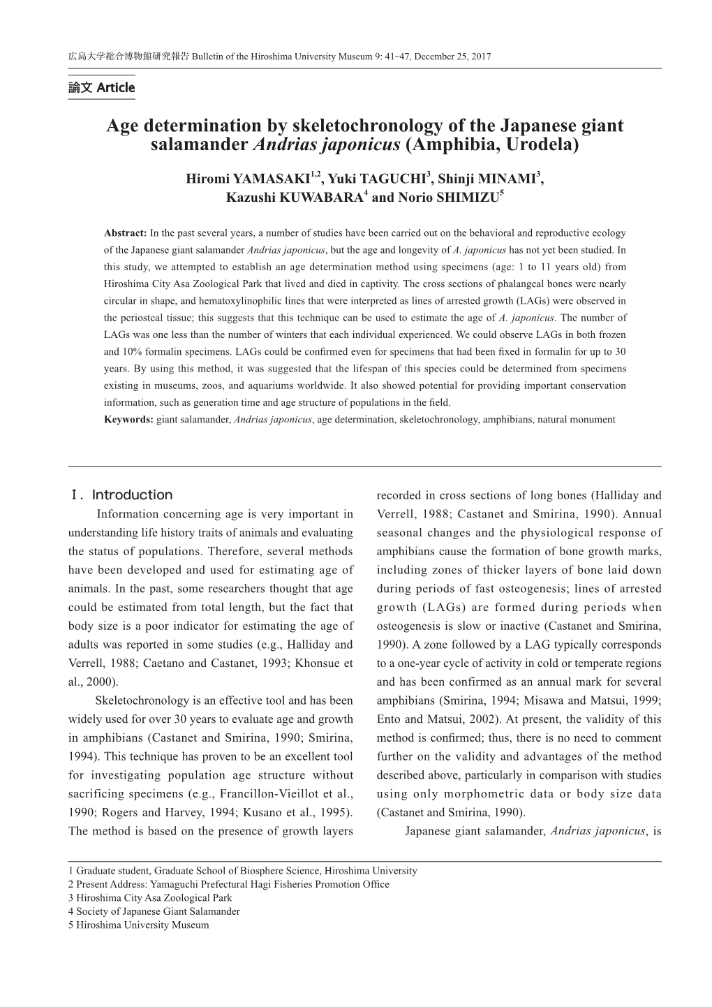 Age Determination by Skeletochronology of the Japanese Giant Salamander Andrias Japonicus (Amphibia, Urodela)